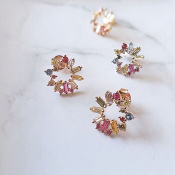 Clous d'oreilles CUBE FLOWER, zircone multicolore, plaqué or jaune 18 carats 3