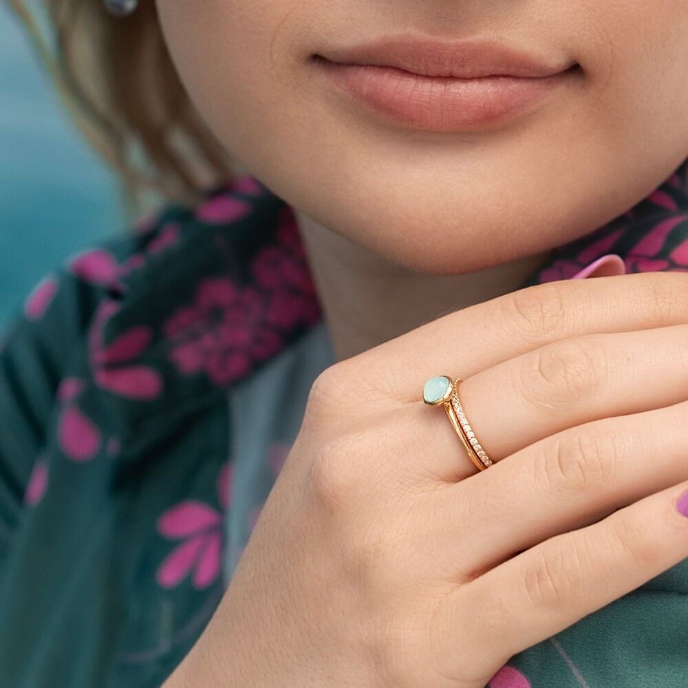 Stacking Ring, Aqua Chalzedon, 6mm, 18 K Gelbgold vergoldet