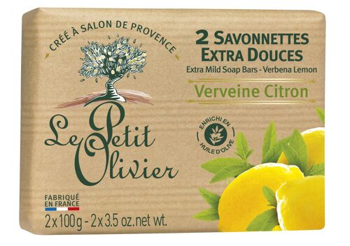 2 Savonnettes Extra Douces - Verveine Citron - Base de savon d'origine végétale - Enrichi en Huile d'Olive