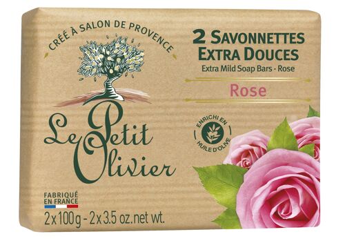 2 Savonnettes Extra Douces - Rose - Base de savon d'origine végétale - Enrichi en Huile d'Olive