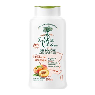 Gel de Ducha Hidratante con Agua de Oliva Ecológica - Melocotón Manosque - PH Neutro Para La Piel - 97% De Origen Natural - Sin Jabón, Sin Colorantes