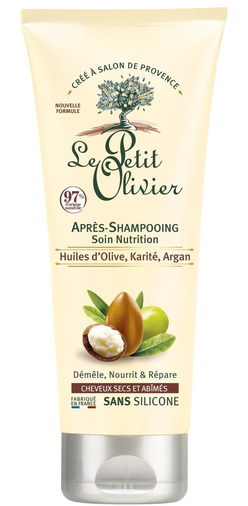 Après-Shampooing Soin Nutrition - Démêle, Nourrit & Répare - Cheveux Secs ou Abîmés - Huiles d'Olive, Karité, Argan - Sans Silicone