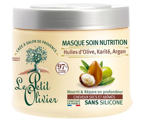 Masque Soin Nutrition - Démêle, Nourrit & Répare - Cheveux Secs ou Abîmés - Huiles d'Olive, Karité, Argan - Sans Silicone