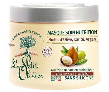 Masque Soin Nutrition - Démêle, Nourrit & Répare - Cheveux Secs ou Abîmés - Huiles d'Olive, Karité, Argan - Sans Silicone 1