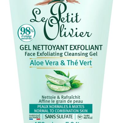 Gel detergente esfoliante - Pulisce e rinfresca - Pelli da normali a miste - Aloe vera e tè verde - 98% di origine naturale - Senza solfati