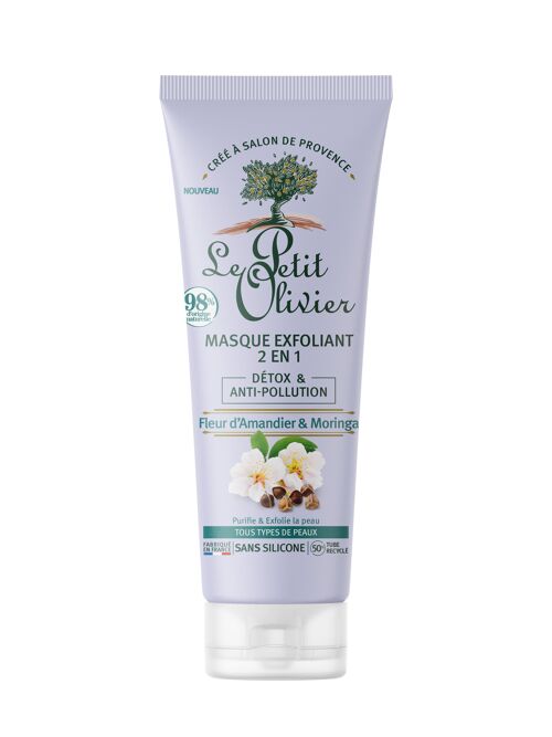 Masque Exfoliant 2 en 1 Détox & Anti-Pollution - Purifie & Exfolie - Tous Types de Peaux - Fleur d'Amandier & Moringa - 98% d'Origine Naturelle - Sans Silicone