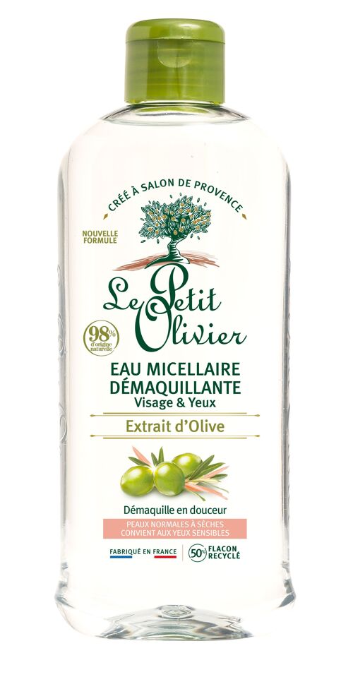 Eau Micellaire Démaquillante - Démaquille & Purifie - Visage & Yeux - Peaux Normales à Sèches - Extrait d'Olive - 98% d'Origine Naturelle