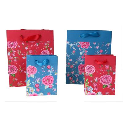 Sac en papier artisanal motif pivoines rouges et bleues