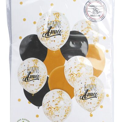 12 ASSORTED BALLOONS BLACK GOLD WHITE