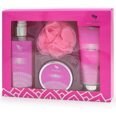 Relaxation Gifts For Women - Cherry Blossom and Jasmine Bath Gift Sets for Women; Gift Basket has Shower Gel, Body Lotion, Body Scrub and Bath Puff
