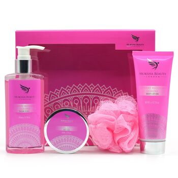 Cadeaux de relaxation pour femmes - Coffrets cadeaux de bain aux fleurs de cerisier et au jasmin pour femmes ; Le panier-cadeau contient un gel douche, une lotion pour le corps, un gommage corporel et une houppette de bain 2