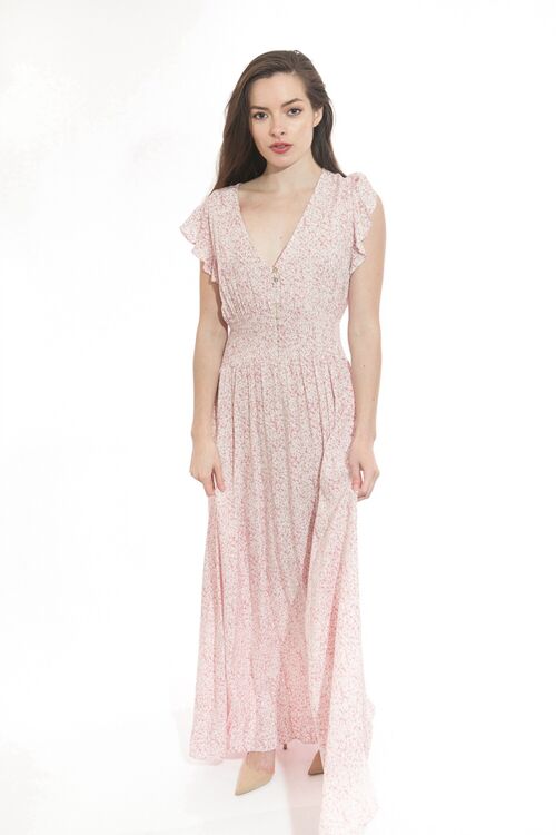 Robe longue rose, à imprimé fleuri boutonnée devant avec manches tulipes