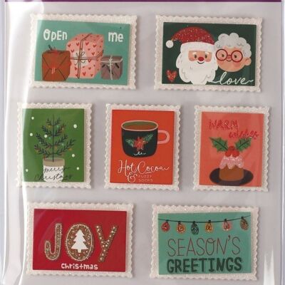 10 STICKERS TIMBRES NOEL EFFET 3D GLITTER