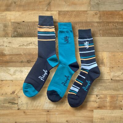 Lot de 3 Chaussettes Homme - Rayures Bleues/Bleu Clair