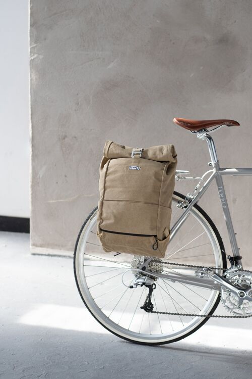 Roll Top Waxed Canvas Cycling Pannier Backpack - Sandstone