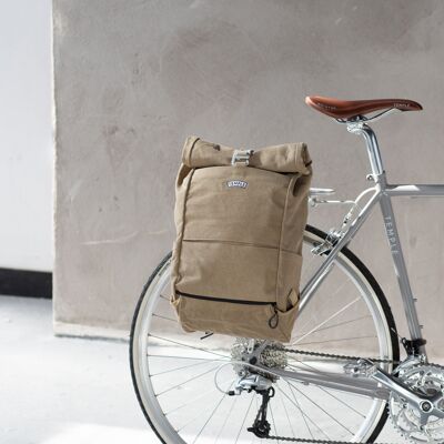 Roll Top Waxed Canvas Cycling Pannier Backpack - Sandstone