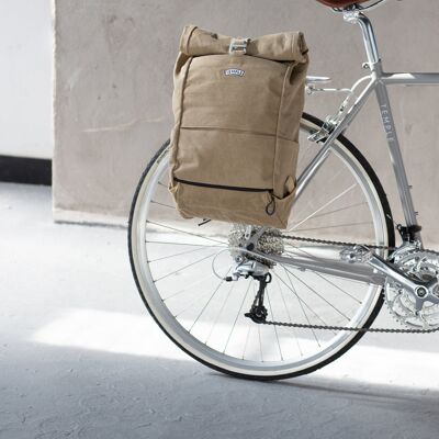 Roll Top Waxed Canvas Cycling Pannier Backpack - Sandstone