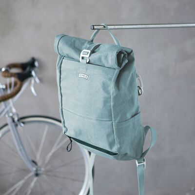 Fahrrad-Rucksack aus gewachstem Segeltuch mit Rollverschluss - Stonewash Teal