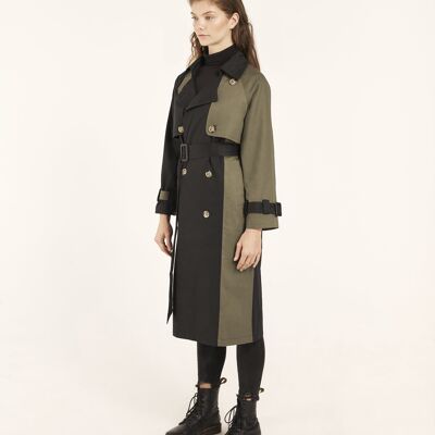 Trench-coat épissé vert kaki et noir