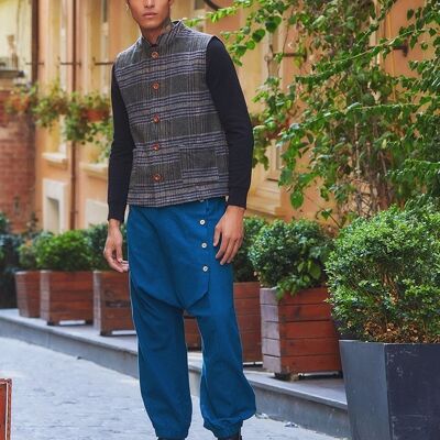 Tie Waist Men's Winter Harem Pants with Pocket and Buttons in Petrol Blue