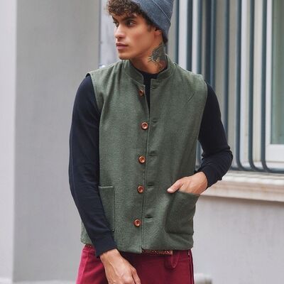 Gilet da uomo verde con collo a fascia e fodera in cotone