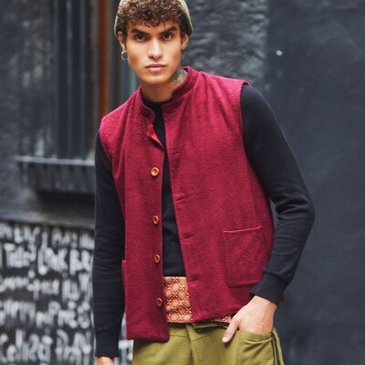 Gilet da uomo bordeaux con colletto a fascia con fodera in cotone