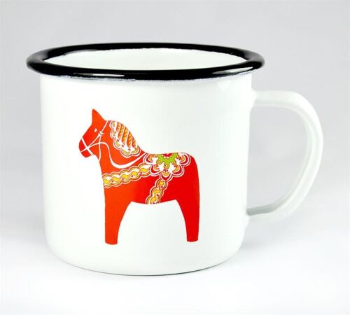 Mellow Design Emaillebecher Dalapferd weiß mit rotem Aufdruck Emaljmugg Dala horse