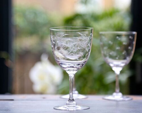 A Pair of Crystal Wine Glasses with Fern Design