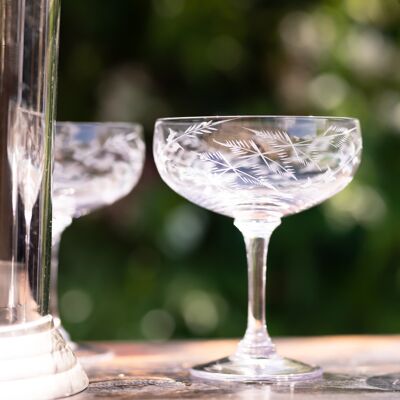 Un set di quattro bicchieri da cocktail in cristallo con design felce