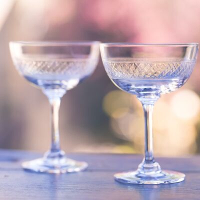 A Set of Six Crystal Champagne Saucers with Bands Design