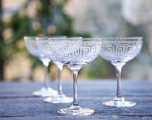 A Set Of Six Crystal Champagne Saucers with Greek Key Design