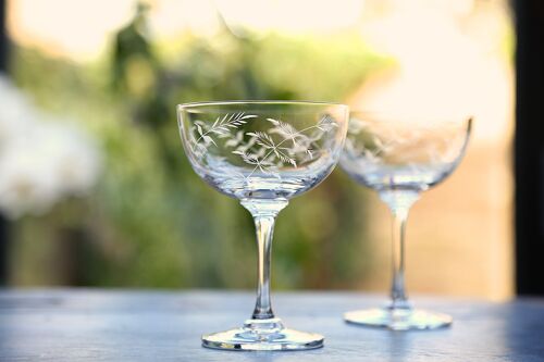 A Set of Six Crystal Champagne Saucers with Fern Design