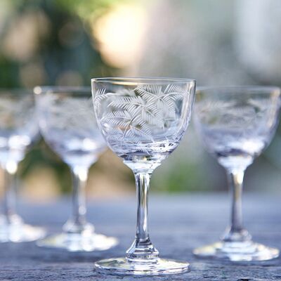 A Set Of Six Crystal Liqueur Glasses with Fern Design