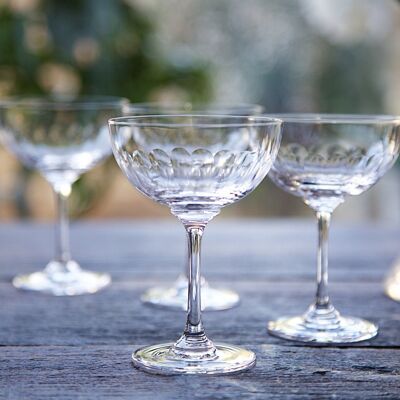A Set of Six Crystal Champagne Saucers with Lens Design