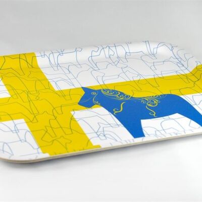 Plateau Mellow Design 27 x 20 cm Dala motif cheval, blanc/bleu-jaune