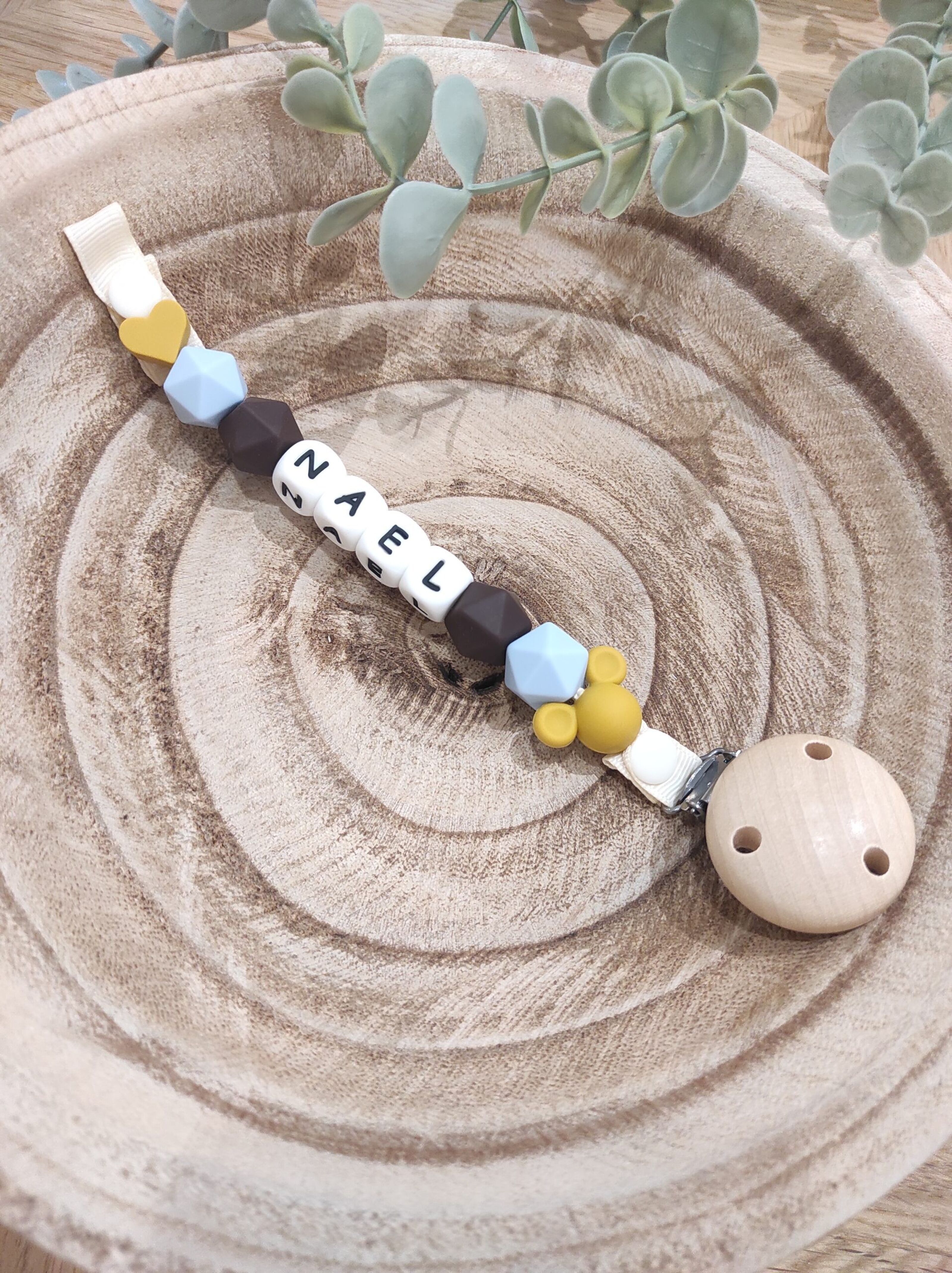 Teat Attachment, Pacifier Hook, Tutute, Cloud smiling Gray and Mustard  Yellow Tones, Birth Gift 
