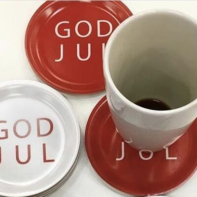 Mellow design coasters with border God Jul Merry Christmas coasters with red text
