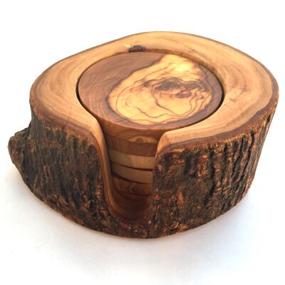 Set of 6 coasters with holder rustic olive wood