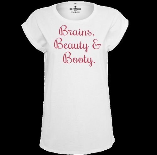 "T-Shirt Weiß- Schrift Pink - ""Brains, Beauty..."""