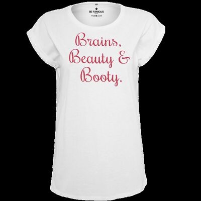 "T-Shirt Weiß- Schrift Pink - ""Brains, Beauty..."""