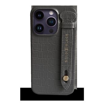 Etui iPhone 14 Pro slim en cuir gaufré croco gris avec passe-doigt 1