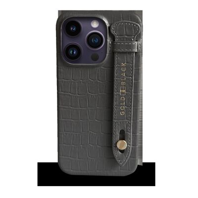 Etui iPhone 14 Pro slim en cuir gaufré croco gris avec passe-doigt