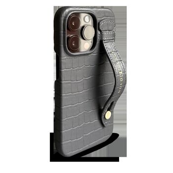Etui iPhone 14 Pro slim en cuir gaufré croco gris avec passe-doigt 2