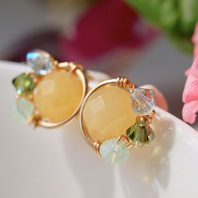 Yellow earrings with mint green crystal detail, rose gold filled, fall jewelry, gift for her, gift idea,
