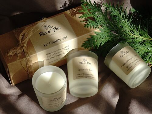 Tri Candles Christmas Gift Set - Cinnamon Apple/Christmas Tree/Frankincense&Myrrh - 9cl Votive Candles - Natural Soy and Coconut wax scented candles