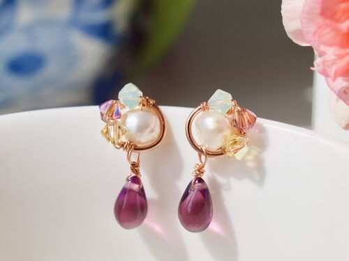 Boucles d’oreilles or rose rempli, Perles avec pendaison en goutte d’eau en verre, couronné de cristaux swarovski
