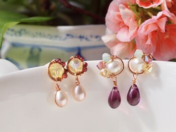 Boucles d’oreilles 14K or rose rempli, pendantes en perle de style anglais, cristaux jaunes et perle d'eau douce avec pierres précieuses grenat 3