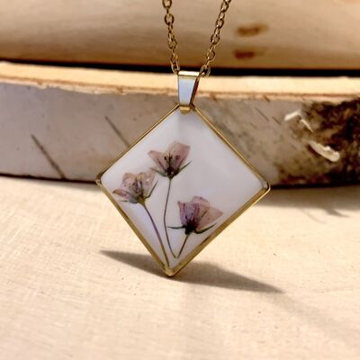 Mini Tulips resin dried flower necklace, golden hexagon pendant