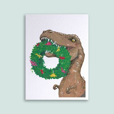Biglietto di auguri di Natale con ghirlanda di dinosauri