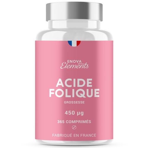 ACIDE FOLIQUE (Vitamine B9) | 365 comprimés | 450 µg | 1 an d'approvisionnement | Complément Alimentaire pour Femme enceinte ou désireuse de l'être | Réduit la fatigue | Fabriqué en France